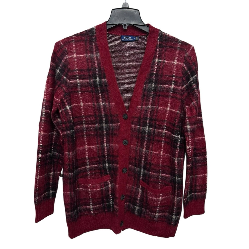 VTG Polo Ralph Lauren Mohair Blend Red Black Plaid Cardigan Sweater Women's Sz M